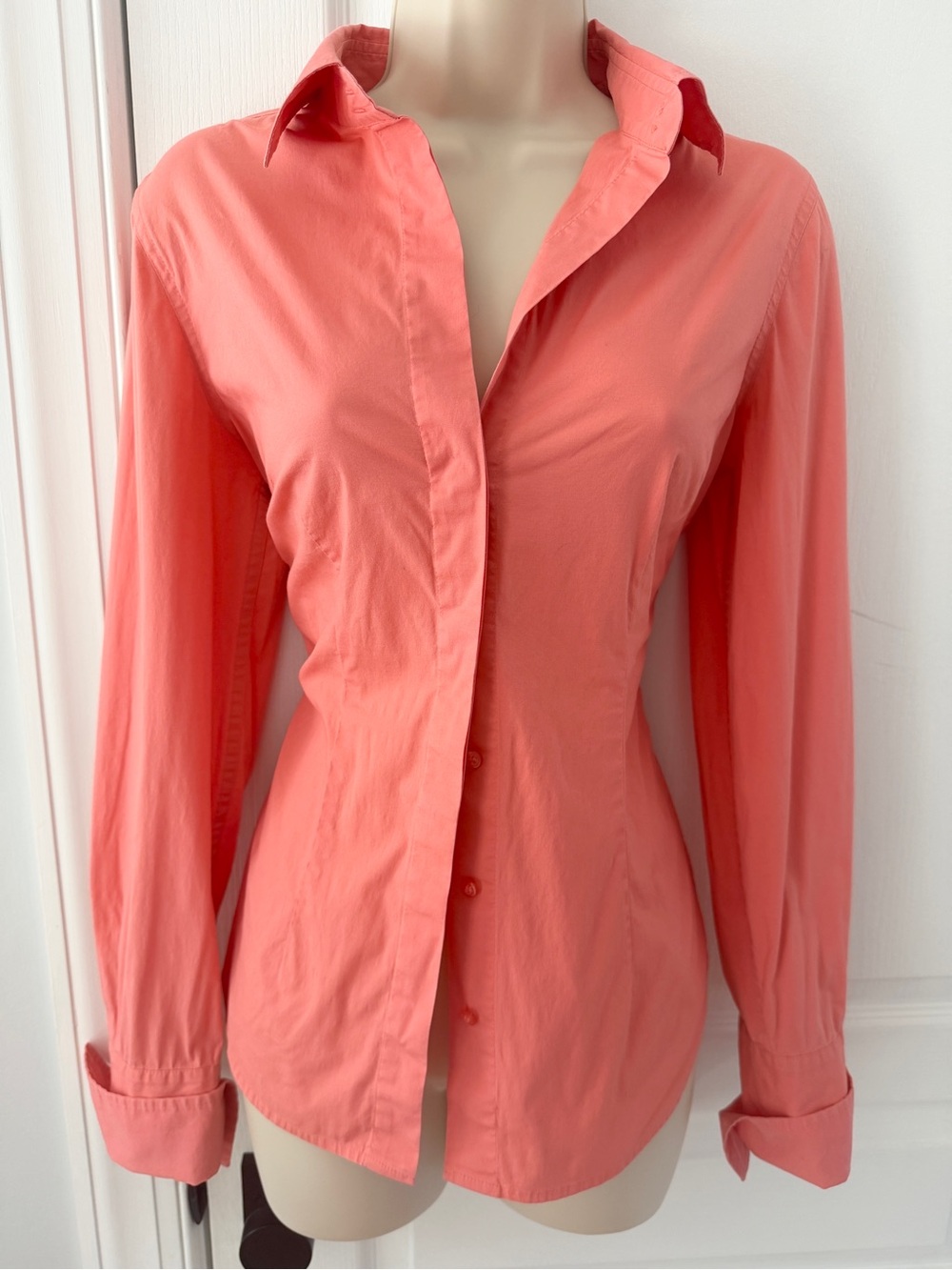 Coral Pink Cotton Stretch Button Down Shirt Career Casual Top Size Small